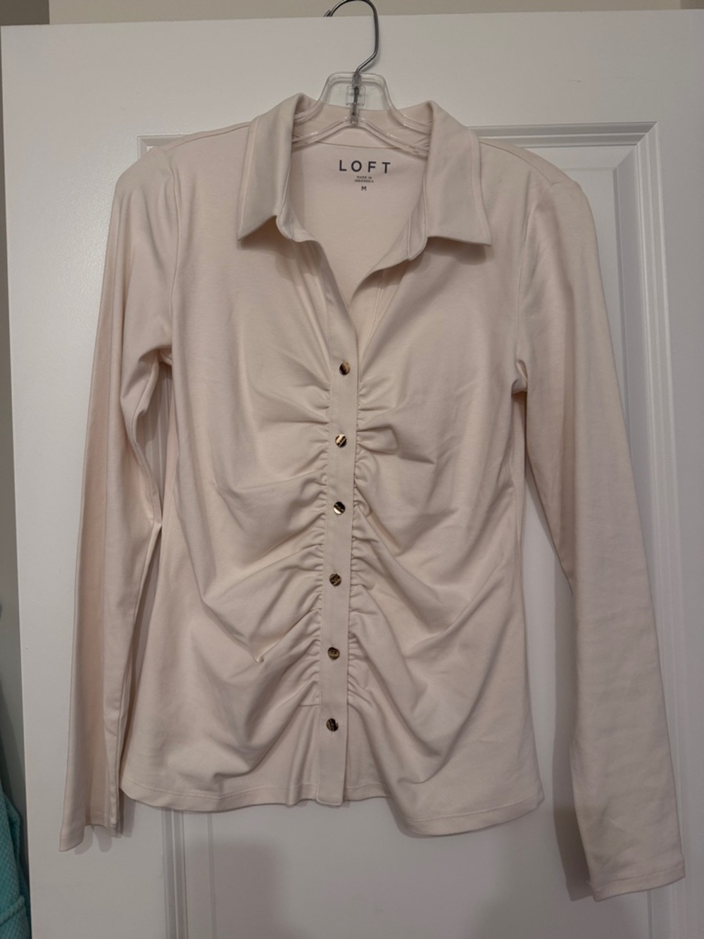 LOFT Ruched Button-Front Long Sleeve Top in Light Cream